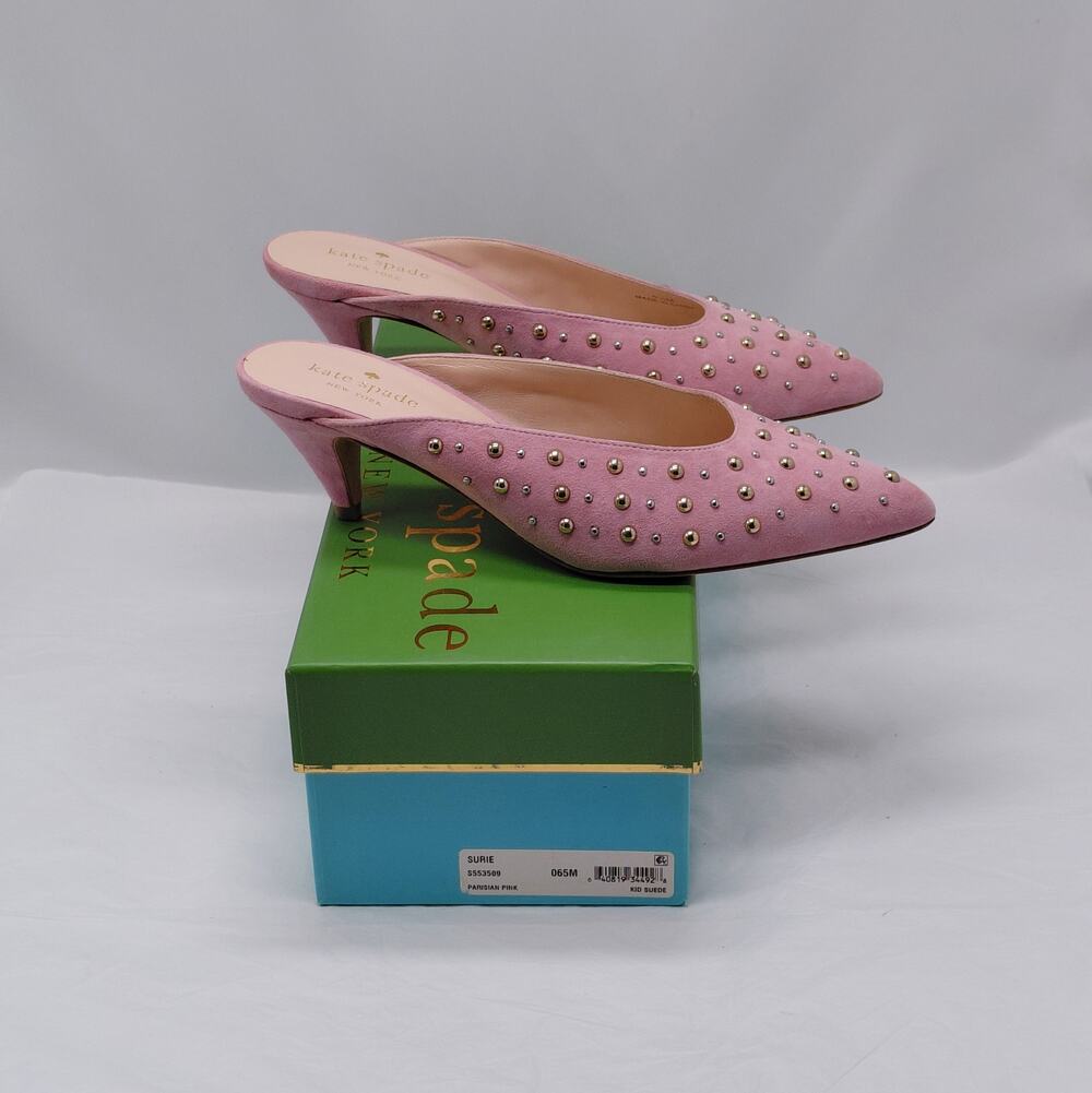 Kate Spade Mule Heels Womens Size 6.5M Pink Suede Studded Wedding Party Luxury